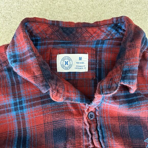 Hurley Shirt Mens Medium Red Blue Plaid Flannel Long Sleeve Button Up Surf Skate - Picture 8 of 8